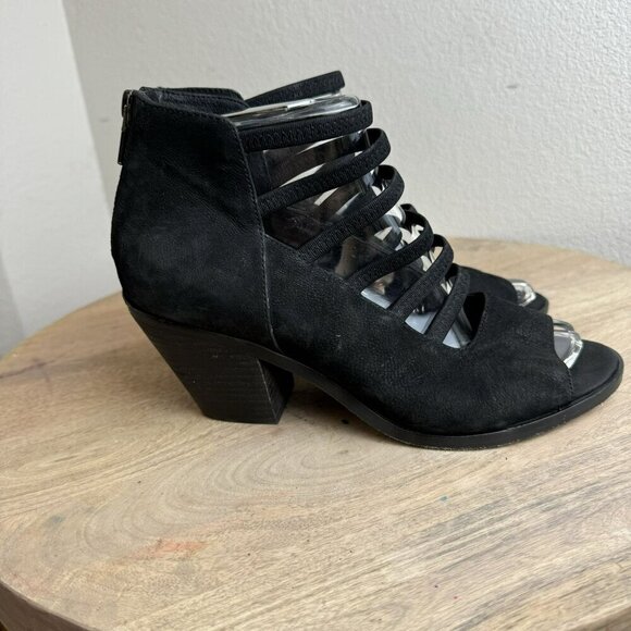 Eileen Fisher James Black Suede‎ Heeled Sandals Peep Toe Strappy Back Zip 8.5 - Picture 5 of 11